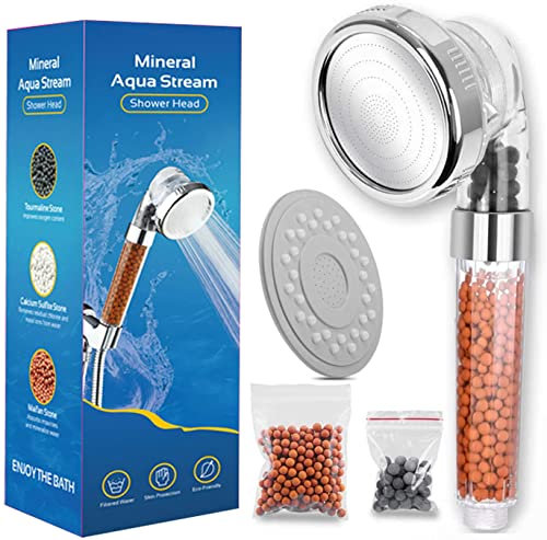 CozyLife Duschkopf mit Filter, wassersparender Duschkopf mit Mineralsteinen, Ionen, Handbrause, Druckerhöhung, Duschkopf, Duschkopf, 3 Strahlarten, mit Kalkfilter, Duschkopf