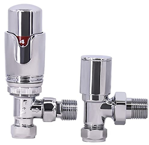 WarmeHaus Angled Thermostatic Radiator Valve Pack Chrome | Solid Brass, 15mm Inlet, 1/2” BSP MI Outlet, TRV