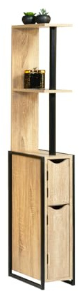 FACILITYS Meuble WC Effet Bois et métal Type Industriel 119 cm | Meuble gain de place L. 18 x P. 30 x H. 119 cm - 2 placards intégrés et 3 étagères - Design industriel bois et métal noir