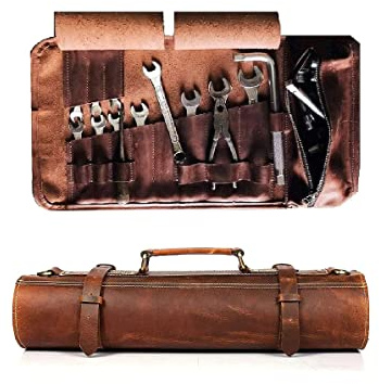 DarkRabbit Leather Tool Rool Up Bag Pouch, Motorcycle Tool Bag, Chisel Bag/Tool Wrench Roll, Portable Woodworking Tools Organizer (Cognac Brown)