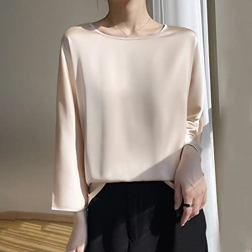 Blusa Donna,Camicetta Da Donna In Raso Di Seta Elegante Camicia A 3/4 Maniche Pullover Girocollo Tinta Unita Color Champagne Camicetta Top Casual Party Beach Camicie Da Ufficio Fashion Business, Xxl