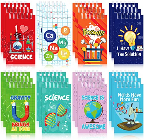 Teling 24 Pcs Science Party Favors Science Notebooks Bulk Mini Scientist Notepad Small Spiral Pocket Notebook for Student Back to School Gifts Lab Week Chemistry Class Reward Birthday Gift Bag Filler