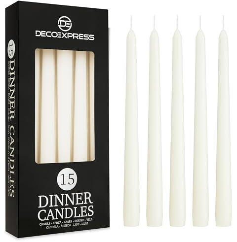 DECO EXPRESS Lot Bougies Effilées, Lot de 6, 10, 15 ou 50, Non Coulantes - Bougies Longue Durée de 8 H, Sans Parfum (Blanc - Lot de 15)