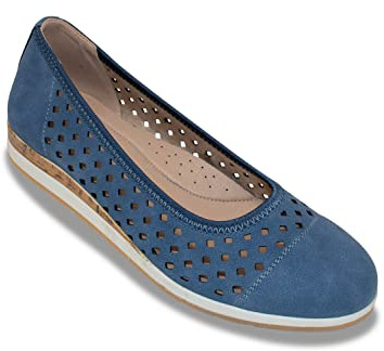 Dr Keller Ladies Wide E Fit Punchwork Ballerina Shoes, Nubuck Effect Comfort Flats with Cutwork & Cork Wedge Trim Navy 8