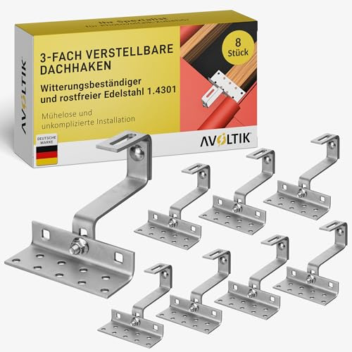 Avoltik 8x Dachhaken (3-fach verstellbar) Photovoltaik Halterung I Dachhalterungen Solarmodule A2 aus rostfreiem Edelstahl 1.4301 I robuste Dachhalterung Balkonkraftwerk zur sicheren Montage