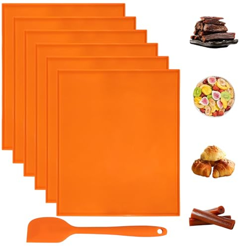 Lot de 6 tapis de déshydratation en silicone avec bord anti-adhésif - Plateaux de déshydratation avec grattoir - Compatible avec Cosori CP267-FD - Pour jerky, fruits, viande, herbes, légumes, crackers