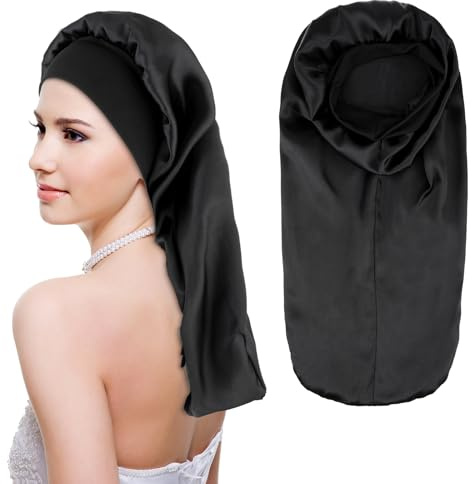 Qianyu Lange Satin Haarhaube Extra Große Verstellbare Schlafhaube zum Schlafen Haare Schützen Weich und Bequem Silk Bonnet für Damen Frauen Mädchen Lange Locken Haar