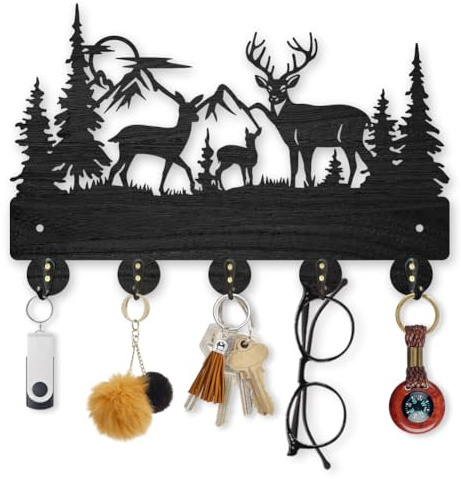 MAYJOYDIY Kleiderhaken Mit Hirsch Motiv Aus Holz Bergwald Zur Wandmontage 30x20cm Selbstklebend Schlüsselhalter Mit Waldtieren 5 Haken Aus Metalllegierung Schwarze Wandkunst Für Eingangsbereich