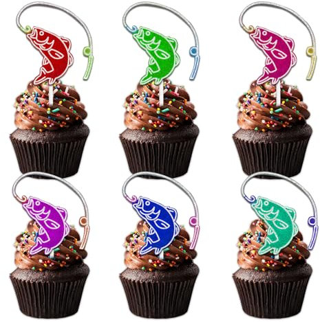 18pcs Colorful Glitter Let’s Go Fishing Dessert Cupcake Topper Pick for Retirement Fishing Theme Decorations Men Women Happy Birthday Party Decor Supplies