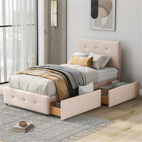 Polsterbett 90 X 200 cm Mit Rückenlehne 2 Schubladen Stauraum Und Lattenrost Einzelbett Höhenverstellbares Kopfteil Jugendbett Familienbett Gästebett Ohne Matratze Dunkelbeige