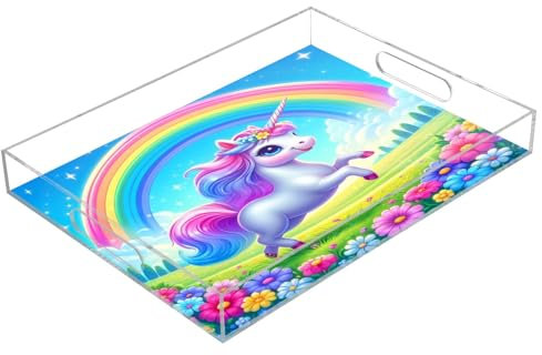 A Cute Unicorn Colorful Rainbow Vibrant Flowers Acrylic Serving Trays, Clear Rectangular Tray with Handles Serving Platter for Coffee Table Kitchen Bathroom