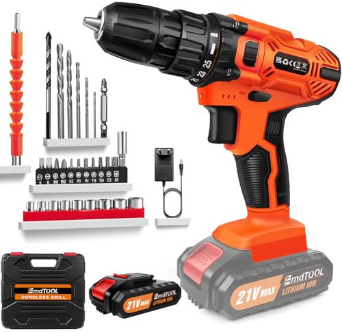 Perceuse-visseuse sans fil 21V, kit de perçage électrique avec 1,5Ah batteries LI-ion, 25+1 couple, 45N.m Max perceuse électrique, 2 vitesse variable, lumière LED pour la maison et le jardin projet