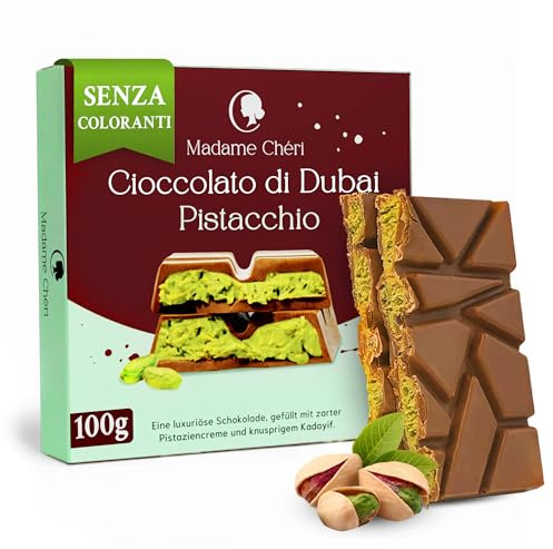 Madame Chéri Dubai Style Schokolade 100 g – Vollmilchschokolade gefüllt mit Pistaziencreme & Kadayif – Handgemachte Schokolade nach dem Rezept aus Dubai – Luxuriöser Genuss