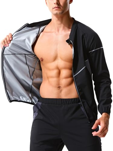 LAZAWG Men Sauna Suit Sweat Jackets Long Sleeve Zipper Sweat Top Gym Fitness Sauna Shirt