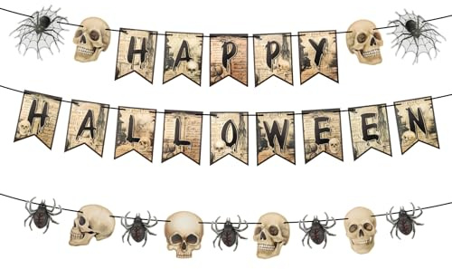 Halloween Girlande Totenkopf Spinne Deko,Happy Halloween Girlande,Dekorationsset Skelett-Banner Spinnen-Hängebanner,Hängende Wirbel Deko Spiral Girlanden,Innen-/Außendekoration Partys
