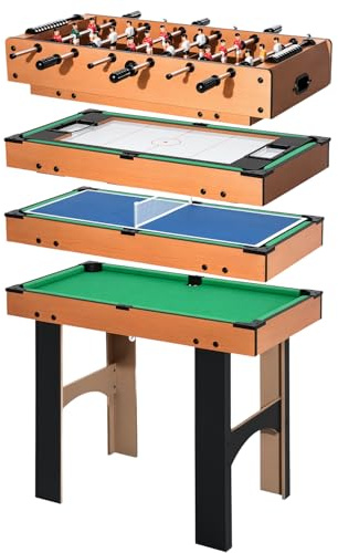 HOMCOM Tavolo Multigioco 4 in 1 con Calcio Balilla, Biliardo, Ping Pong e Hockey da Tavolo, Tavolo da Gioco con Accessori, in Legno MDF, 92x78x80cm, Legno Naturale e Nero