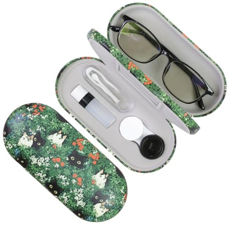 FlyingMage 2 in 1 Contact Lens Case and Eyeglasses Case for Women Men Kids, Double Sided Hard Shell Portable Glasses Travel Holder with Built-in Mirror, Contact Lens Box Storage Kit (Green Cat)