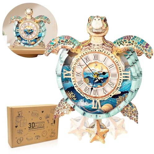 Cutywood 3D Puzzles for Adults Clock-Turtle Design Model Kit-Mechanical DIY Pendulum Clock with Roman Numerals-Desk Home Office Decor Personalized Gift for DIY Lovers