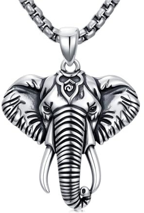 PDTJMTG Collar de elefante de plata de ley 925 con colgante de cabeza de elefante, joyería gótica vintage para hombres y mujeres