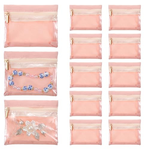 12 stycken resesmyckesväskor, smyckespåse för resor, liten, smyckesorganisatörväska, transparent smyckesväska för kvinnor flickor, örhängen, halsband, klockförvaring, snygg förvaring, lätt synlig