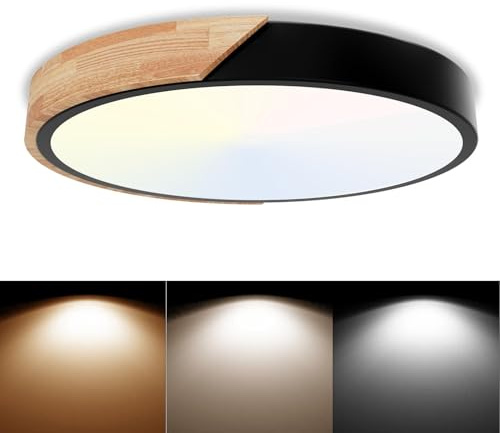 Lámpara de techo LED redonda de 30 W, 6000 K/4000 K/3000 K, 3 temperaturas de color, 3000 LM, para dormitorio, madera, IP54, moderna lámpara de cocina para pasillo,salón, baño, oficina, Ø30 cm.Schwarz