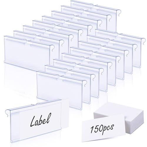 Set di 150 porta etichette con carta per etichette, 6 x 4 cm, in plastica trasparente, clip per etichette, design a clip per scaffali in filo di spessore fino a 6 mm, cesti portaoggetti, cesti
