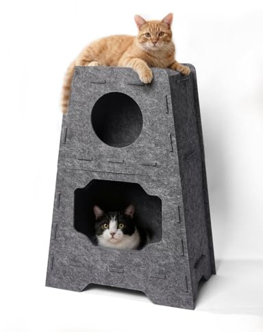 Pawtasy Katzenhöhle Filz Katzenhaus aus Filz für große Katzen, Katzen Höhle 3-Ebenen, Trapezform Stabiles Katzenbett Höhle, Indoor Aussichtsplattform & Versteck, 50 x 31 x 73 cm, Grau