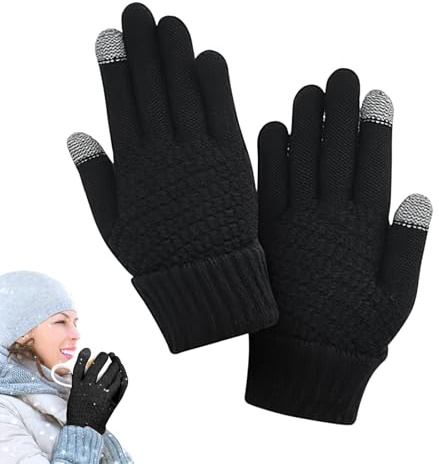 Lafefe Heat Holders Thermal Gloves for Women, Knitted Thermal Mittens, Touch Screen Winter Gloves, Thicken Fleece Lined Windproof Keep Warm Texting Gloves Elastic Cuff Anti-Slip (Black)