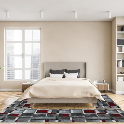 oKu-Tex Bettumrandung Set 3-teilig [67x340 cm | 2 mal 67x140 cm] Grauer Bettvorleger, Rot meliert - weicher Kurzflor pflegeleicht - Teppich Schlafzimmer - Patchwork Design - Deutsche Marke