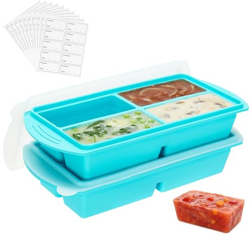 Defresit Confezione da 2 vassoi in silicone per congelare con coperchio, 1 tazza/250 ml, contenitori per zuppe e congelatori, per conservare zuppe, salse e preparare pasti, con etichette adesive per
