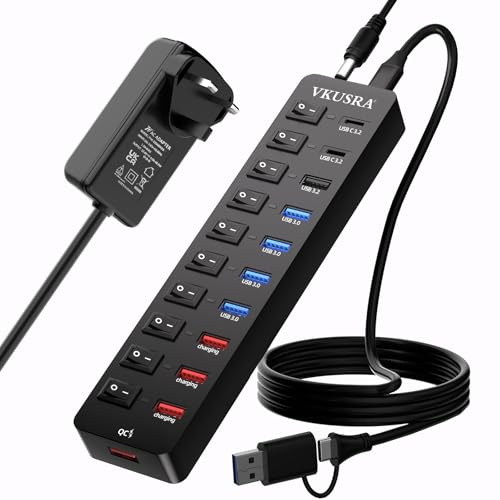 VKUSRA 11-Port Powered USB 3.2/USB C Hub with Data and Charging Ports | 10Gbps USB A and 2 USB C 3.2 Data Ports + 4 USB 3.0 Ports + 4 Charging Ports with 3.9ft USB Cable and 12V Power Supply