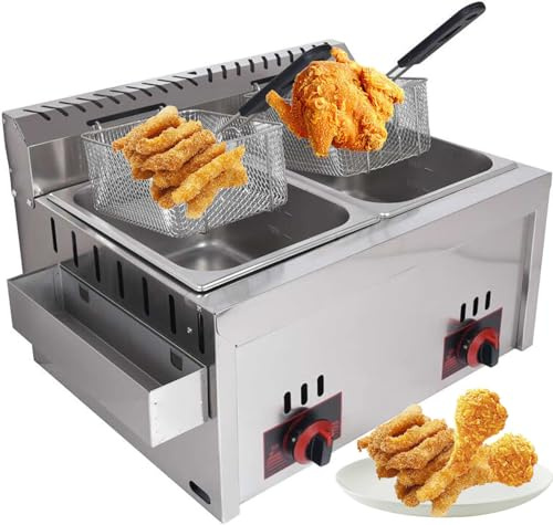 Gasfritös dubbelcylinder rostfritt stål 10 L – professionell kommersiell köksfritös med skopkorg för matlagning av kyckling och pommes frites