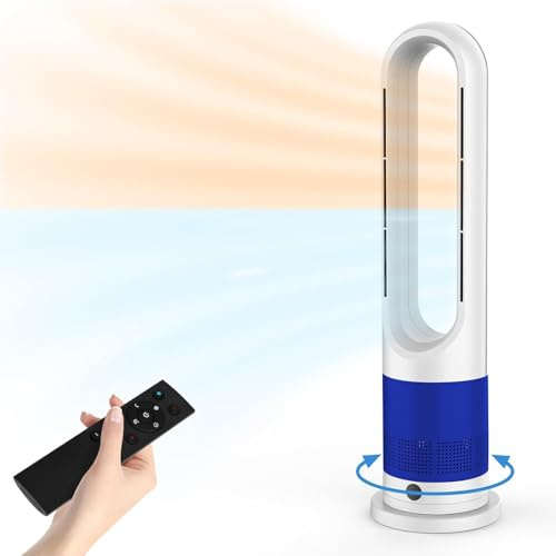 MoraRise Bladeless Tower Fan Heater, Hot and Cold Fan with Remote Control, 80° Oscillating Space Heater for Home Bedroom Office, Portable Air Cooler, Quiet Cooling & Heating (Navy Blue)