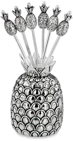 H.Bauer jun. Käsepicker Set versilbert mit Ananas-Halter - 7-teiliges Partypicker & Snackspieße Set für Käse, Oliven & Fingerfood - widerverwendbare dekorative Tischdeko für Buffet & Feier
