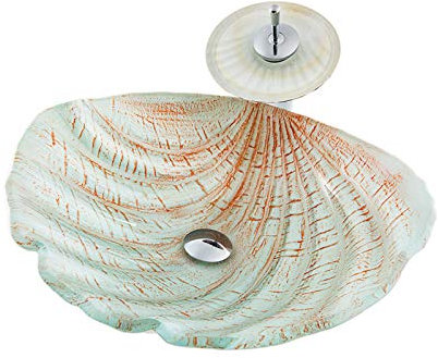 Shower Set Coquillage Lavabo Vasque en Verre Trempé, Lavabo Lave-Mains Vasque à Poser Monter Salle de Bain Lavabo Vasque avec Drain, Robinet Cascade, 480mm * 420mm* 160mm*12mm,Blanc