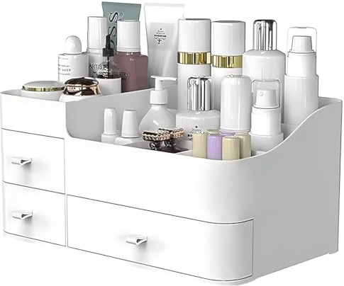 ONXE Organizzatore per trucco con cassetti, grande ripiano per cosmetici, elegante supporto per pennelli da trucco, ombretto, lozioni, rossetto, smalto e gioielli (bianco)