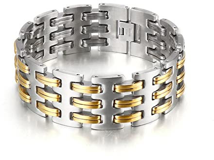Stfery Geschenke Für Ältere Männer, Zweifarbige Farbabstimmung hohl Edelstahl Armband Herren XXL Silber Gold als Geburtstagsgeschenke 230x25mm