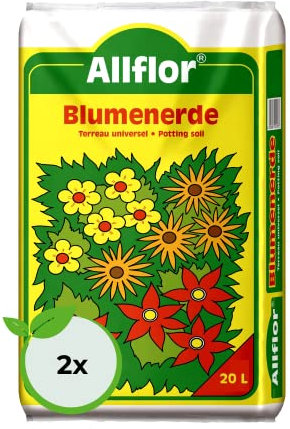 Allflor Blumenerde I 2 x 20 L I gebrauchsfertige Universalerde I hochwertige Erde im 20 Liter Beutel I Für alle Balkon- und Zimmerpflanzen geeignet I Enthält alle wichtigen Pflanzennährstoffe