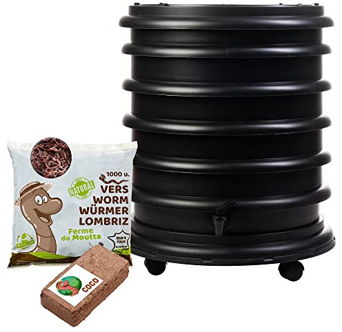 WORMbox | Wurmkomposter Wurmfarm Wurmkiste mit 4 Schalen Schwarz + 500g Kompostwürmer / 1000 STK + 1 Coco | 64 Liter | Regenwurmkomposter, Kompostwürmer produzieren Wurmhumus