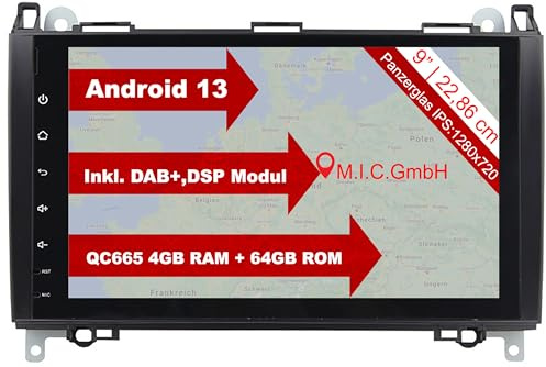 M.I.C. AB9 Android 13 Autoradio mit Navigation: QC 665, 4GB+64GB, 9 Zoll, SIM, CarPlay & Android Auto, DAB+, – Ersatz für Mercedes Benz A-Klasse W169 B-Klasse W245 Viano Vito W639 Sprinter VW Crafter