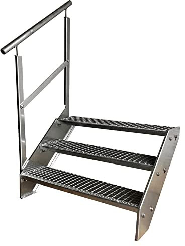 Kaminbau Mierzwa Premium Stahl Treppe Geländer Links Verzinkt 3 Stufen (Breite 1400 mm) (Höhe 57 cm) Wetterfest Gitterroststufe Gartentreppe