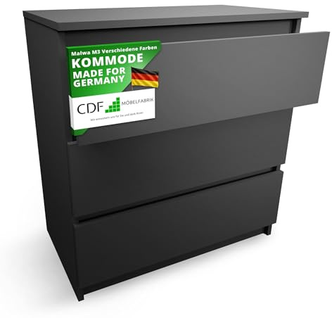 CDF Kommode mit Schublade Schwarz Schrank Schubladenschrank 3 Schubladen | Malm Kommode viel Stauraum Geeignet für Wohnzimmer Schlafzimmer Komodenschrank Organizer Kleidung 40T x 70B x 75H cm