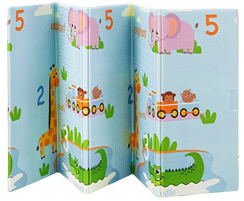 Juskys Spielteppich Stella für Kinder 180 x 200 cm Tiere, XXL-Teppich für Babys, Spielmatte aus Schaumstoff faltbar, weich und wendbar, Blau