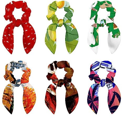 6PCS Hair Scarf Scruncheis for Women Girls, Ribbon Bow Elastic Hair Ties Bands Satin Hair Ribbon Scrunchy Ponytail Holder Accessories,Green Palm Leaves Yellow Lemons