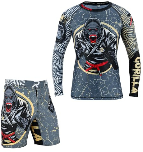 ROAR-INT MMA Rash Guard & BJJ Shorts Set Kids Fight Training Grappling Wear Jiu Jitsu Gi Trunks Outfit Set (Standard, Large, Gorilla-2Pcs-Set)