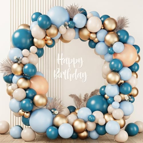 Kit Arco Palloncini Blu Polvere, 143pcs Kit Ghirlanda Palloncini Oro Blu con Palloncino Nudo Blue Mare, Arco Palloncini er Uomo Ragazzo Decorazione Festa Compleanno, Baby Shower, Battesimo