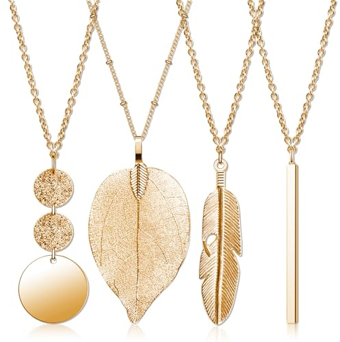 Long Necklaces for Women，4 PCS Boho Style Pendant Necklace Costume Jewellery Golden Bar Feather Circle Leaf Lock Tassel Y Necklace Jewelry Set Simple Statement Necklace for Sweater, Gifts for Girls