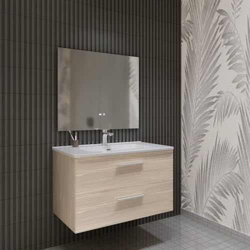 MarinelliGroup Mobile bagno SOSPESO 60 80 100 120 cm con lavabo in ceramica 2 cassetti LINDA (120 cm, Rovere Chiaro)