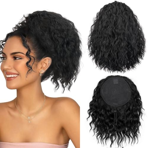 PORSMEER Wellige Lockige Pferdeschwanz Haarteil, Schwarz Kordelzug für Frauen Afro Zopf, Kurzes Weiches Natürliches Synthetisches Ponytail Extension