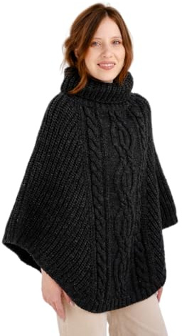 SAOL - Poncho da donna in 100% lana merino con motivo a trecce, Irish Aran, antracite., Taglia unica